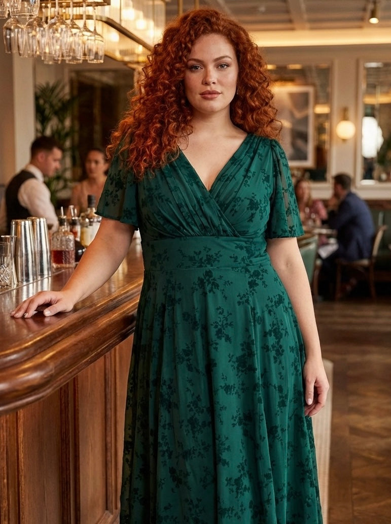 Victoria Green Flower Velvet Flock Angel Sleeve Mesh Long Midi Dress