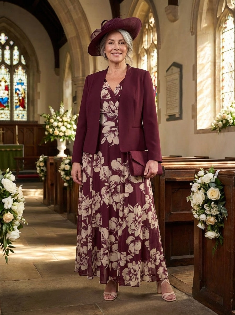 Isabelle Burgundy Cream Float Sleeve Maxi Dress