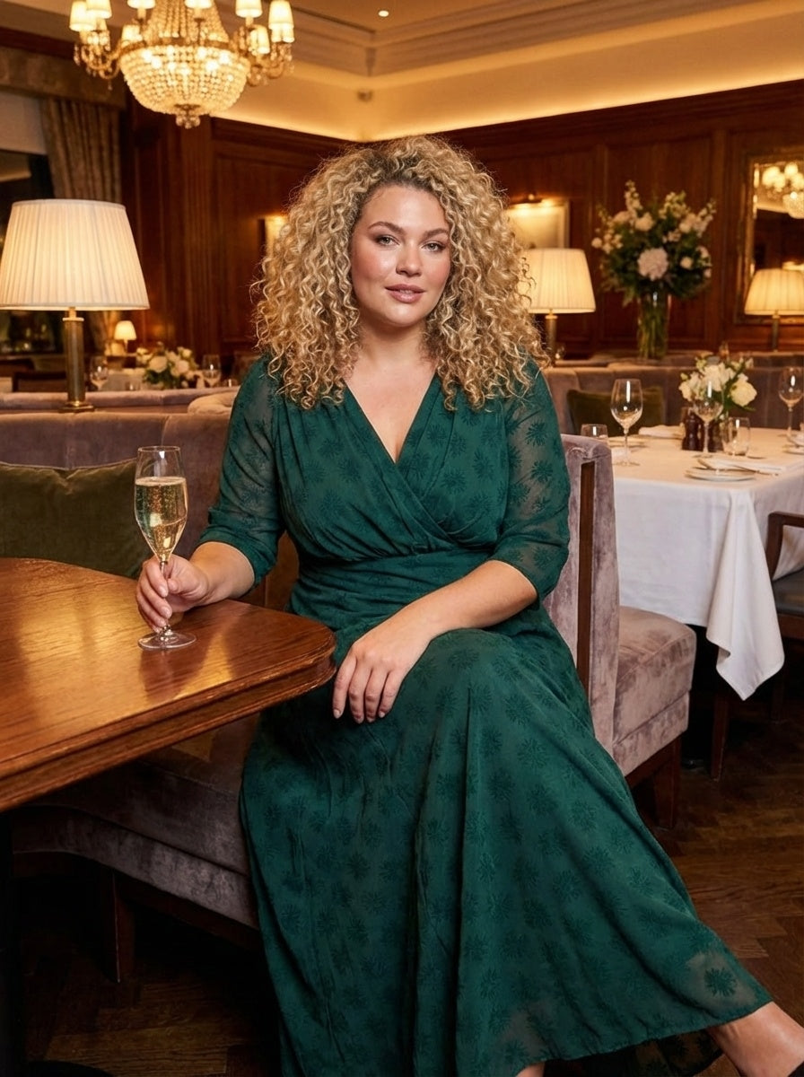 Verity Dark Green Flower Velvet Flock Maxi Gown