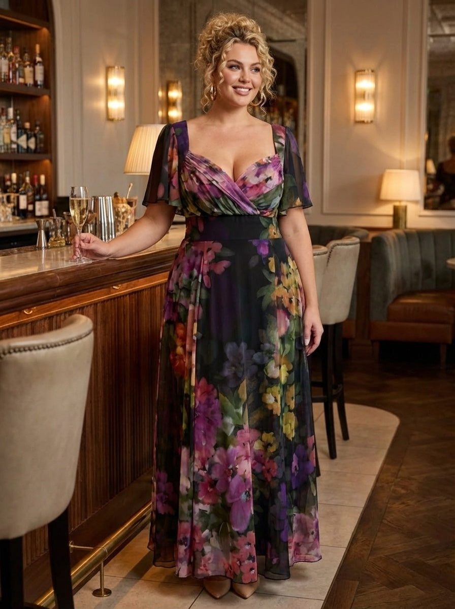 Kemi Black Purple Print Bolero Wrap Bodice Maxi Gown