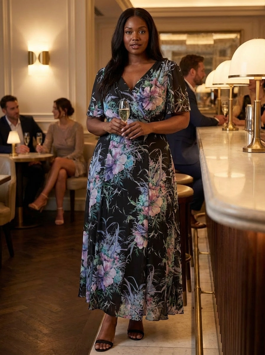 Isabelle Black Pink Blue Float Sleeve Maxi Dress