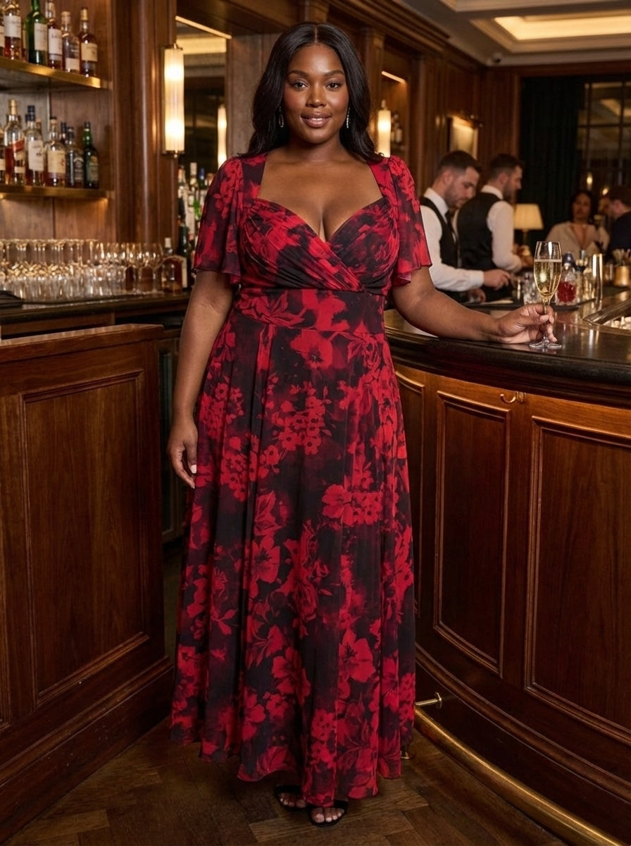 Kemi Black Red Print Bolero Wrap Bodice Maxi Gown