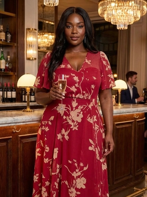 Tilly Red Cream Angel Sleeve Sweetheart Dress