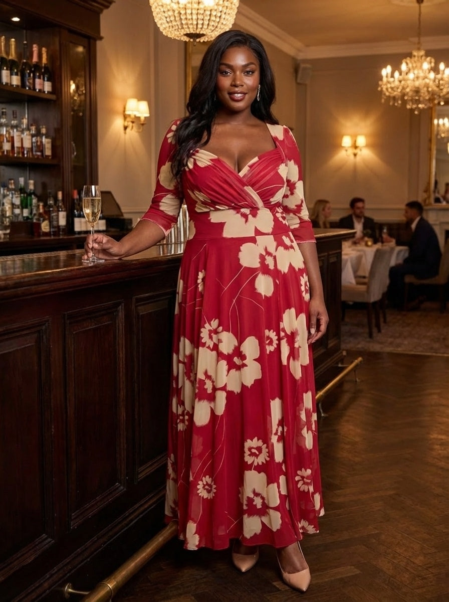 Elizabeth Red Cream Print Mesh Bolero Wrap Bodice Maxi Gown