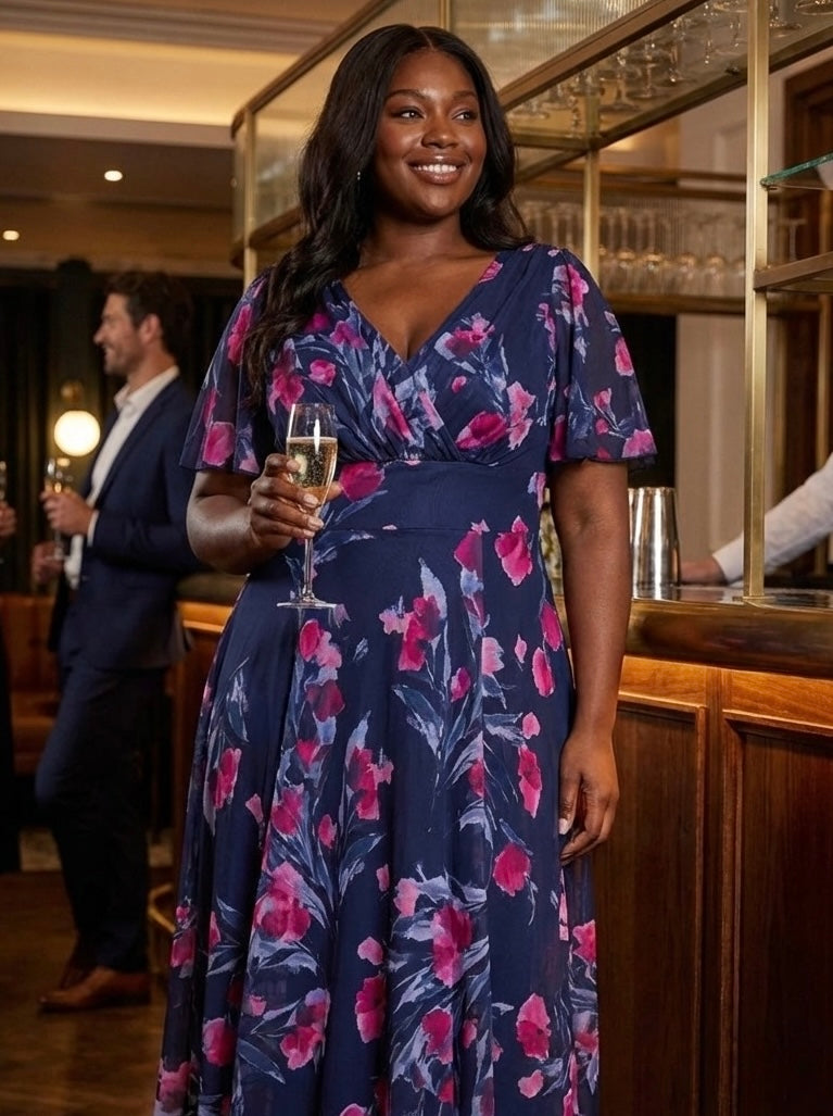 Victoria Navy Pink Floral Angel Sleeve Mesh Long Midi Dress