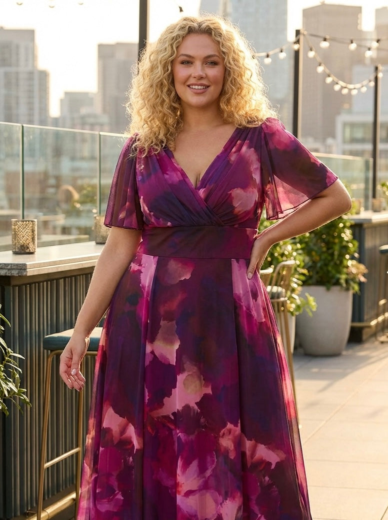 Victoria Wine Pink Angel Sleeve Mesh Long Midi Dress