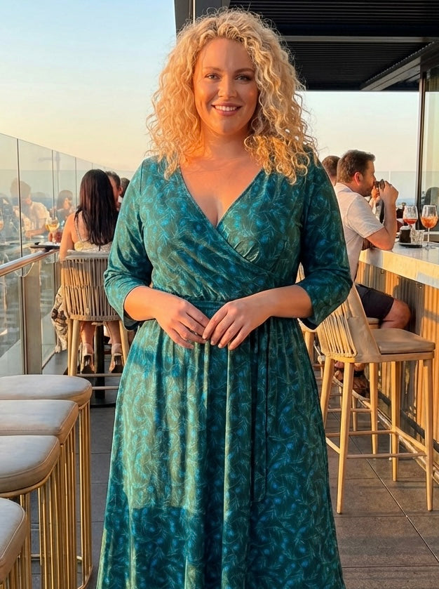 1940s Wrap Front Green Peacock Midi Dress