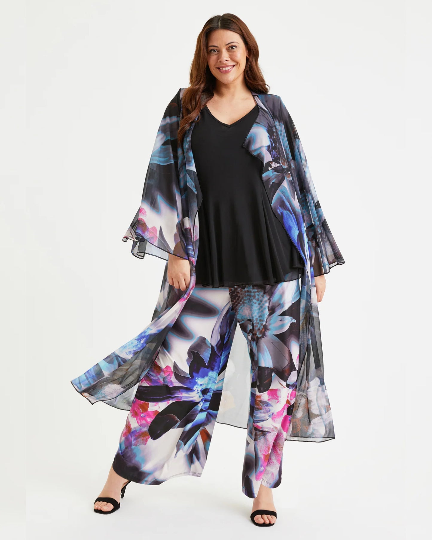 Black Pink White Waterfall Long Mesh Kimono