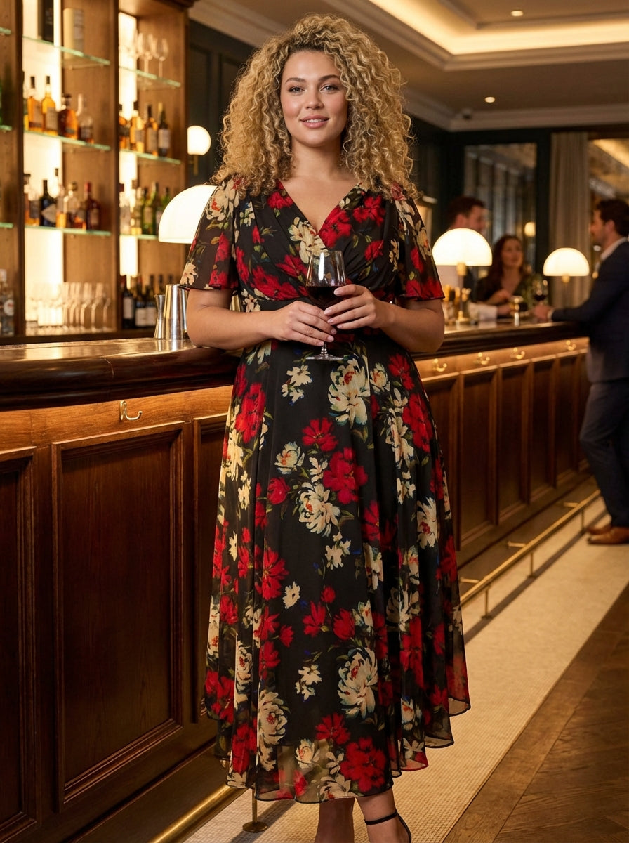 Isabelle Black Red Cream Float Sleeve Maxi Dress