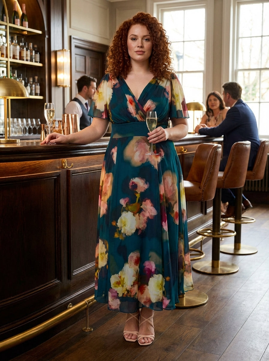 Isabelle Blue Abstract Floral Float Sleeve Maxi Dress