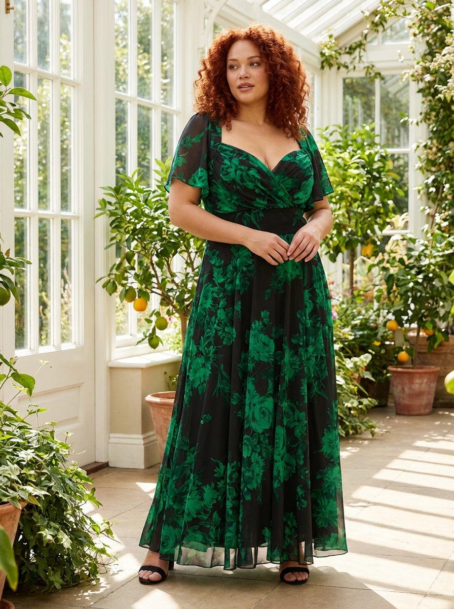 Kemi Black Green Print Bolero Wrap Bodice Maxi Gown