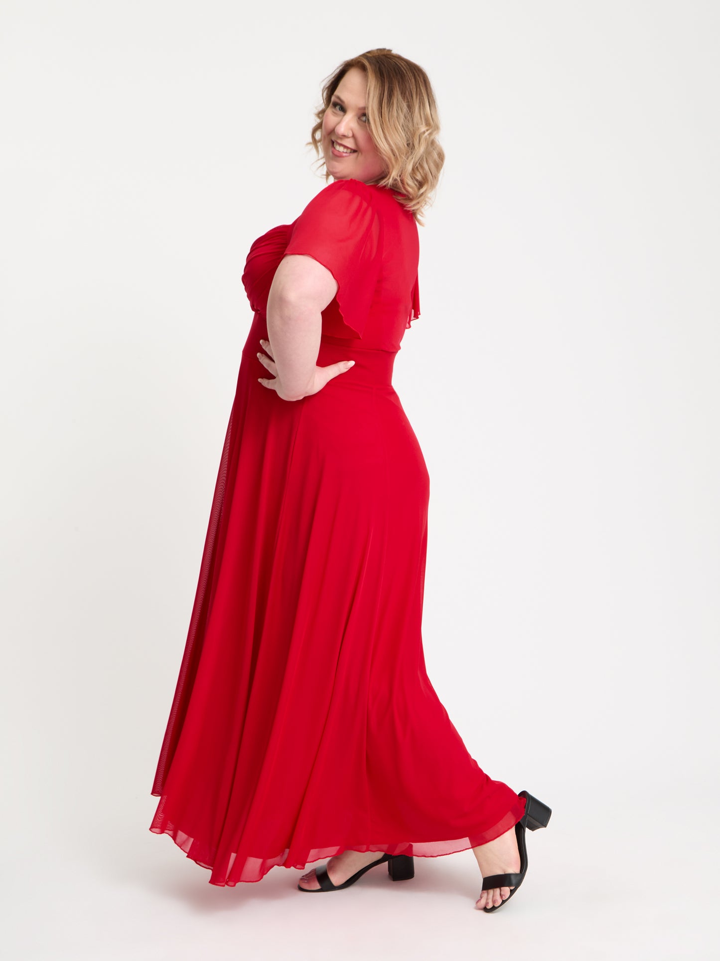 Kemi Solid Red Bolero Wrap Bodice Maxi Gown