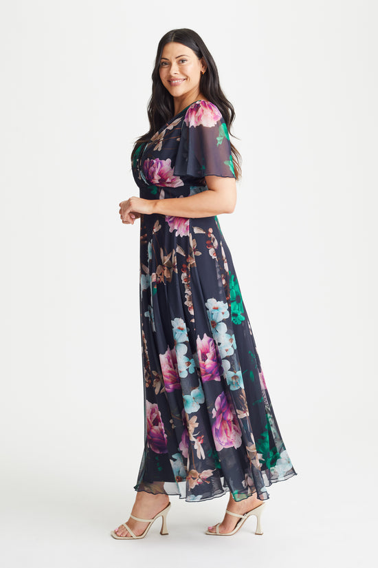 Load image into Gallery viewer, Isabelle Navy Magenta Float Sleeve Maxi Dress
