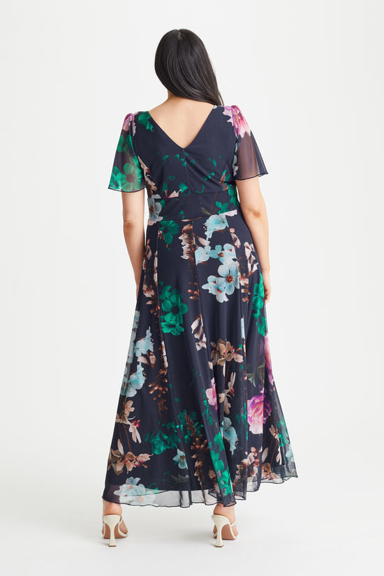 Load image into Gallery viewer, Isabelle Navy Magenta Float Sleeve Maxi Dress
