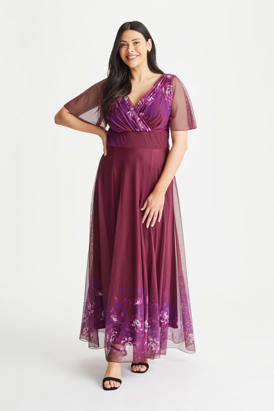 Load image into Gallery viewer, Isabelle Magenta Border Floral Float Sleeve Maxi Dress
