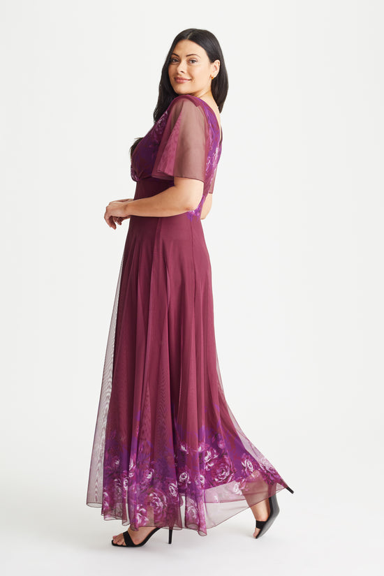 Load image into Gallery viewer, Isabelle Magenta Border Floral Float Sleeve Maxi Dress
