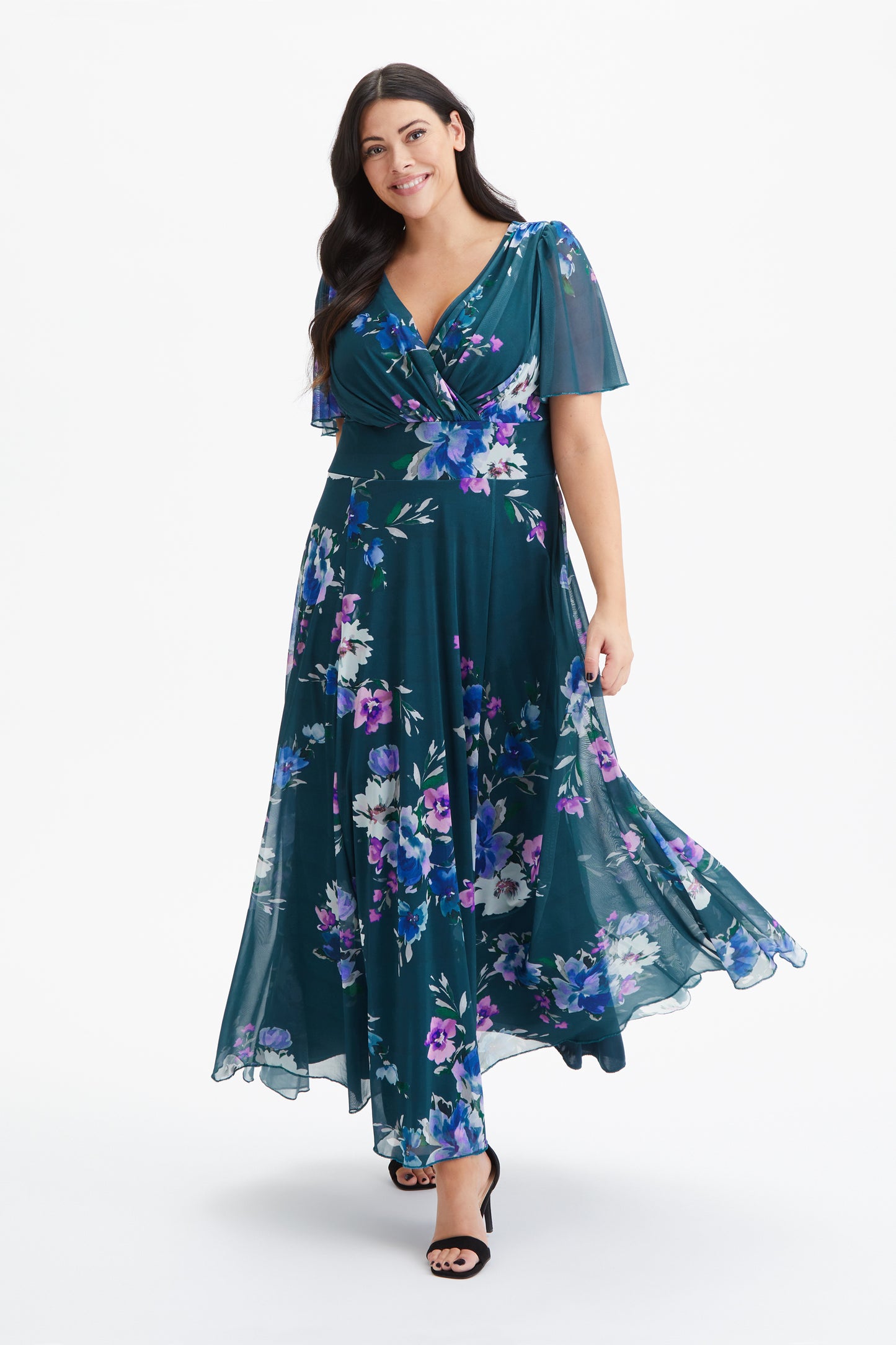 Isabelle Teal Blue Multi Float Sleeve Maxi Dress