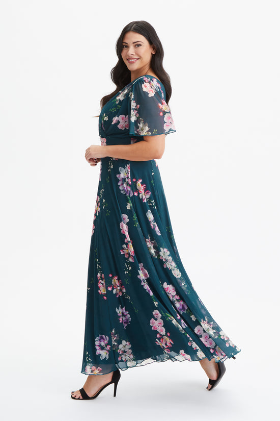 Load image into Gallery viewer, Isabelle Teal Pink Multi Float Sleeve Maxi Dress
