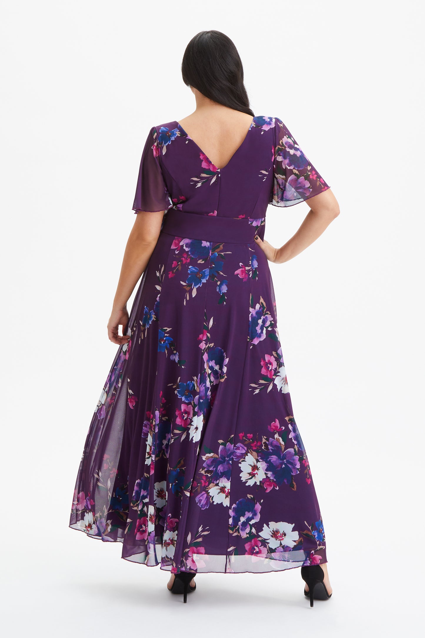 strapless open back dress Long Sleeve Frill Hem Mesh Maxi Dress, Purple Floral main image 0