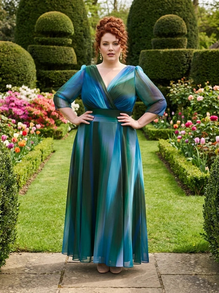 Petite Verity Green Blue Ikat Print Maxi Gown