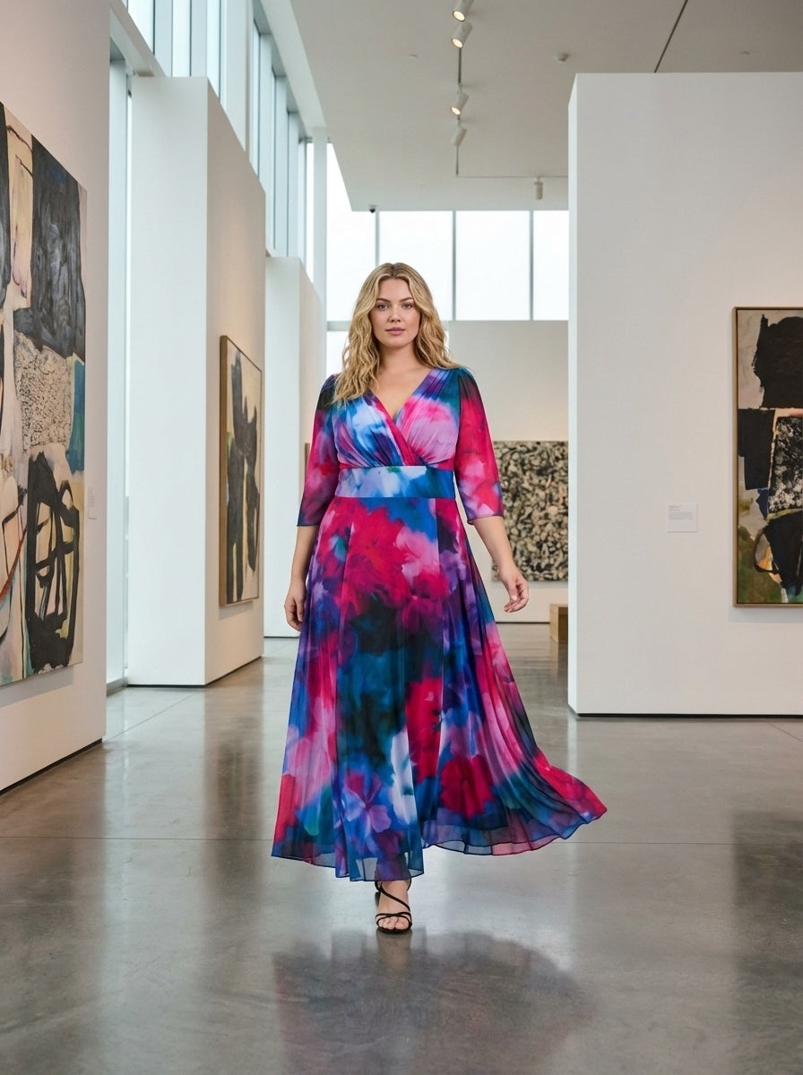 Verity Blue Pink Print Maxi Gown