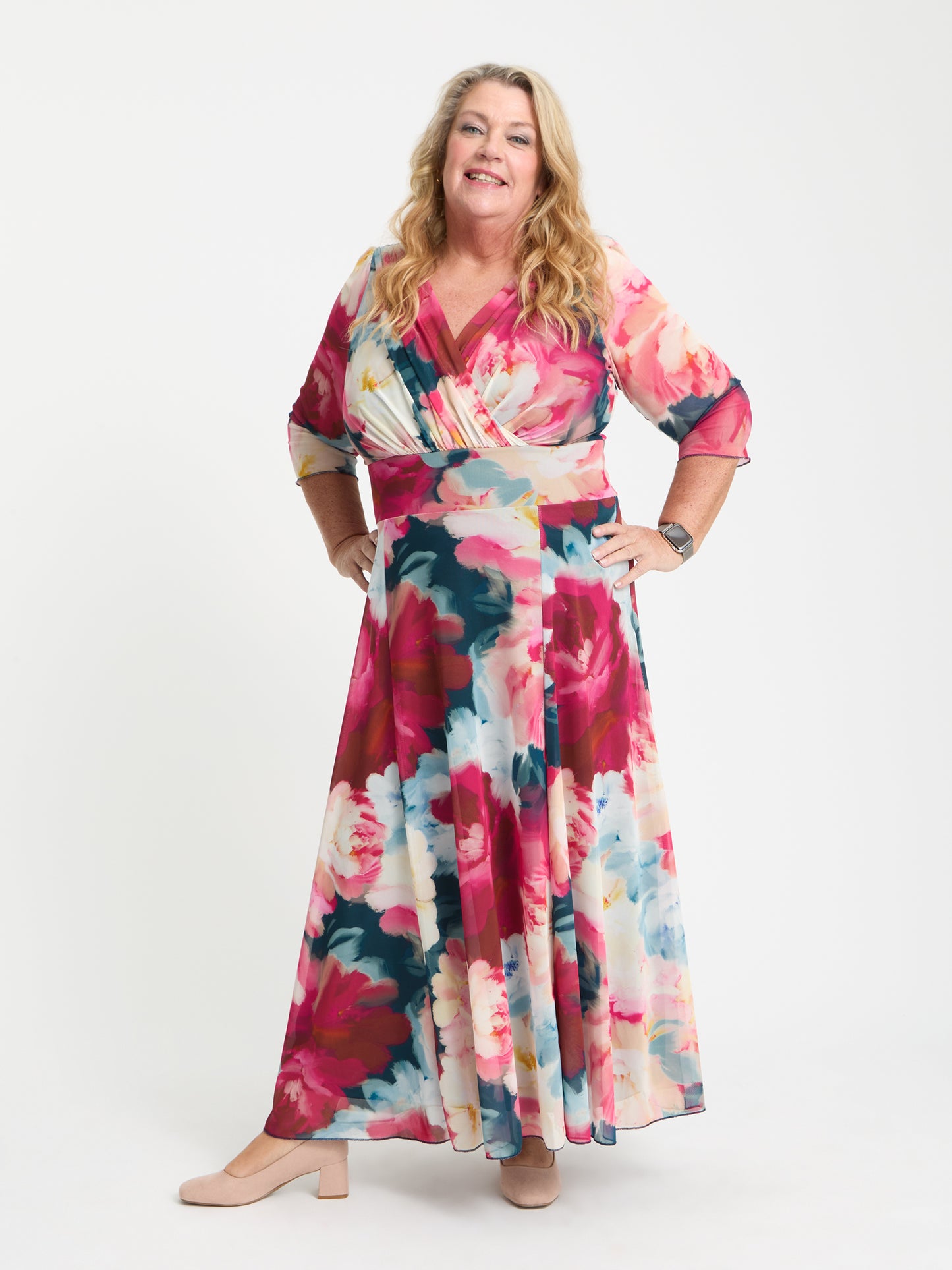 Petite Verity Peach Pink Flower Print Maxi Gown