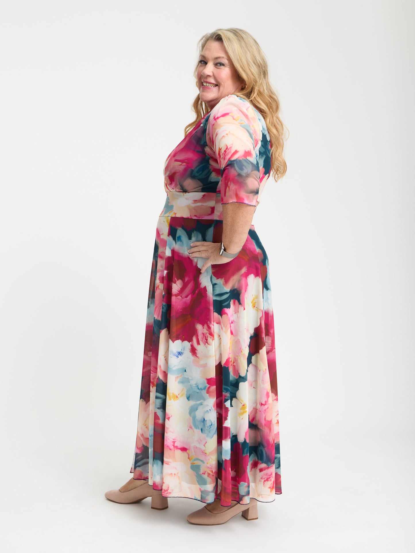 Petite Verity Peach Pink Flower Print Maxi Gown