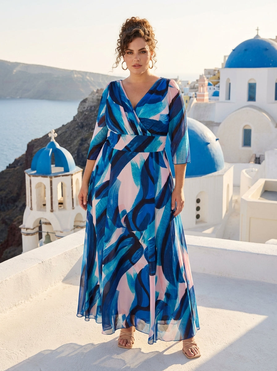 Verity Abstract Blue Peach Print Maxi Gown