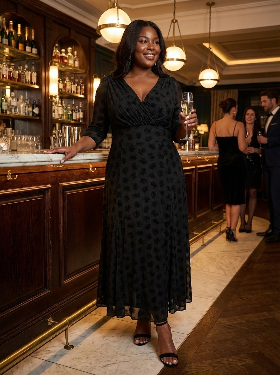 Verity Black Flower Velvet Flock Maxi Gown