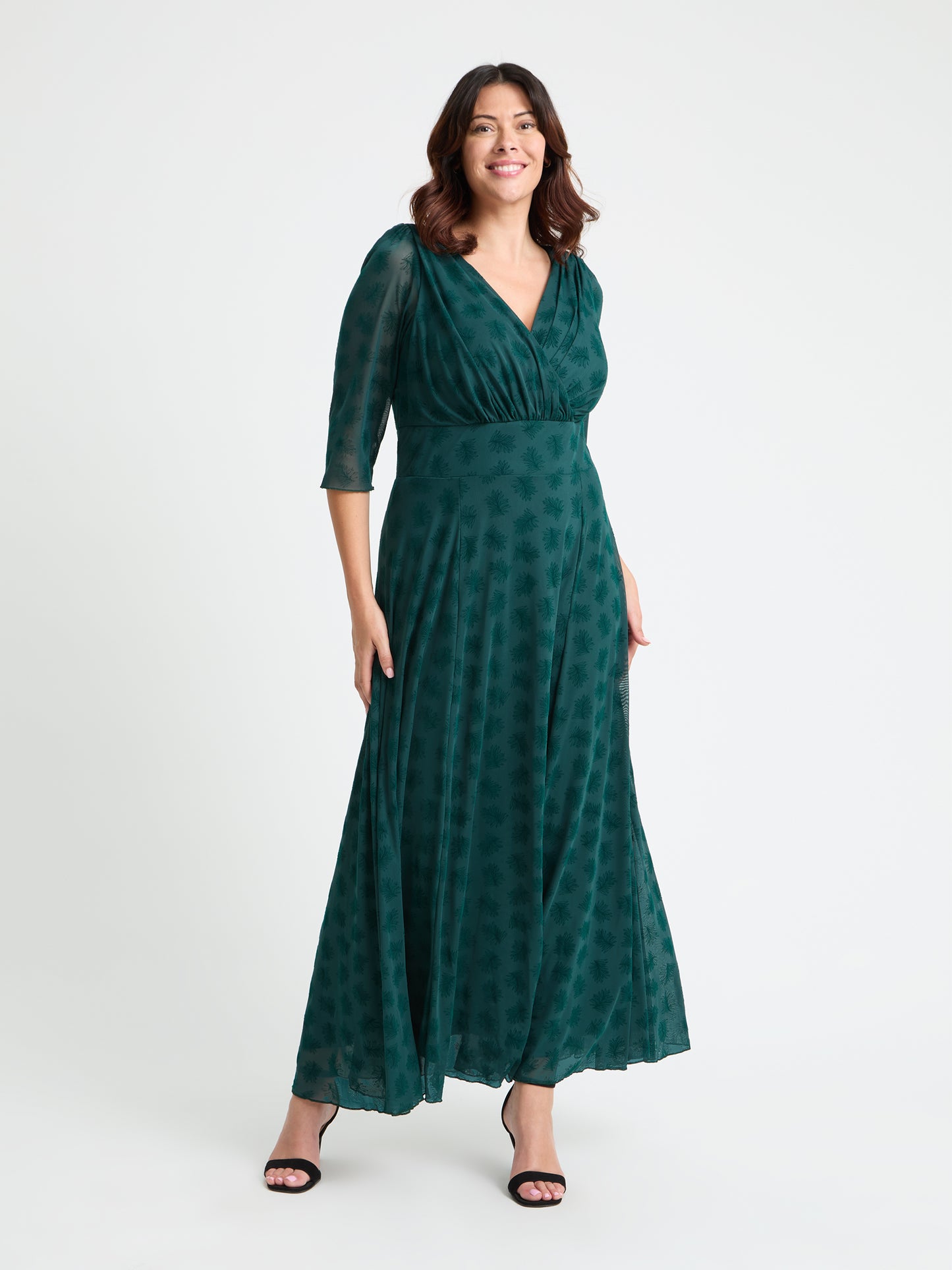 Verity Dark Green Flower Velvet Flock Maxi Gown