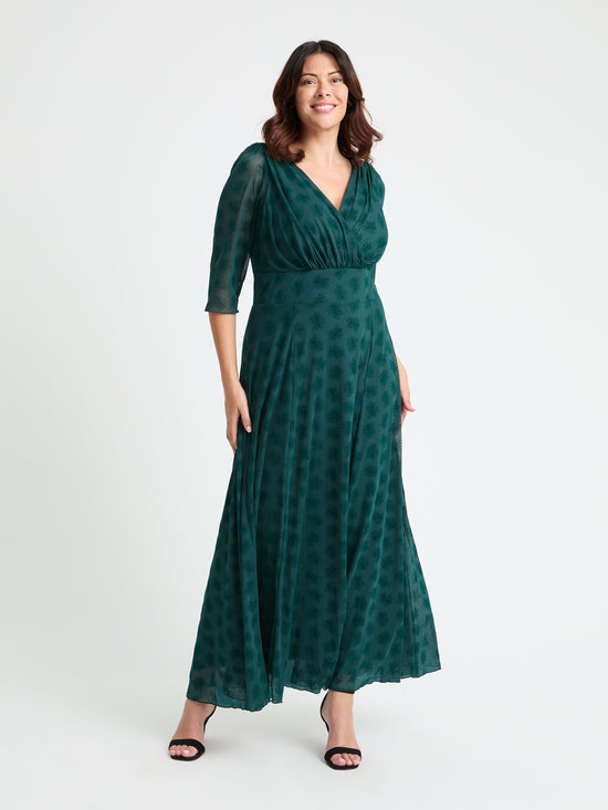 Verity Dark Green Flower Velvet Flock Maxi Gown