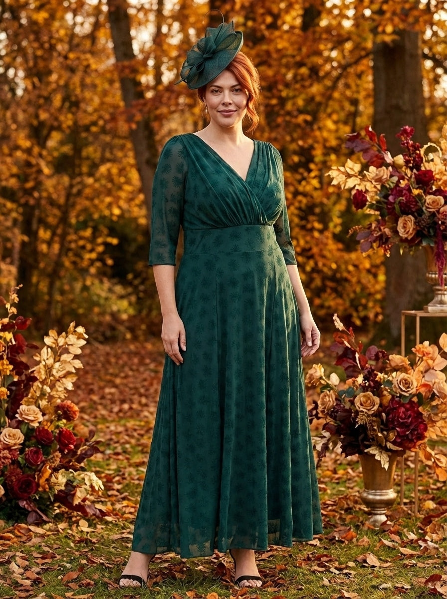 Verity Dark Green Flower Velvet Flock Maxi Gown - Green / 12 Verity Dark Green Flower Velvet Flock Maxi Gown - Green / 12