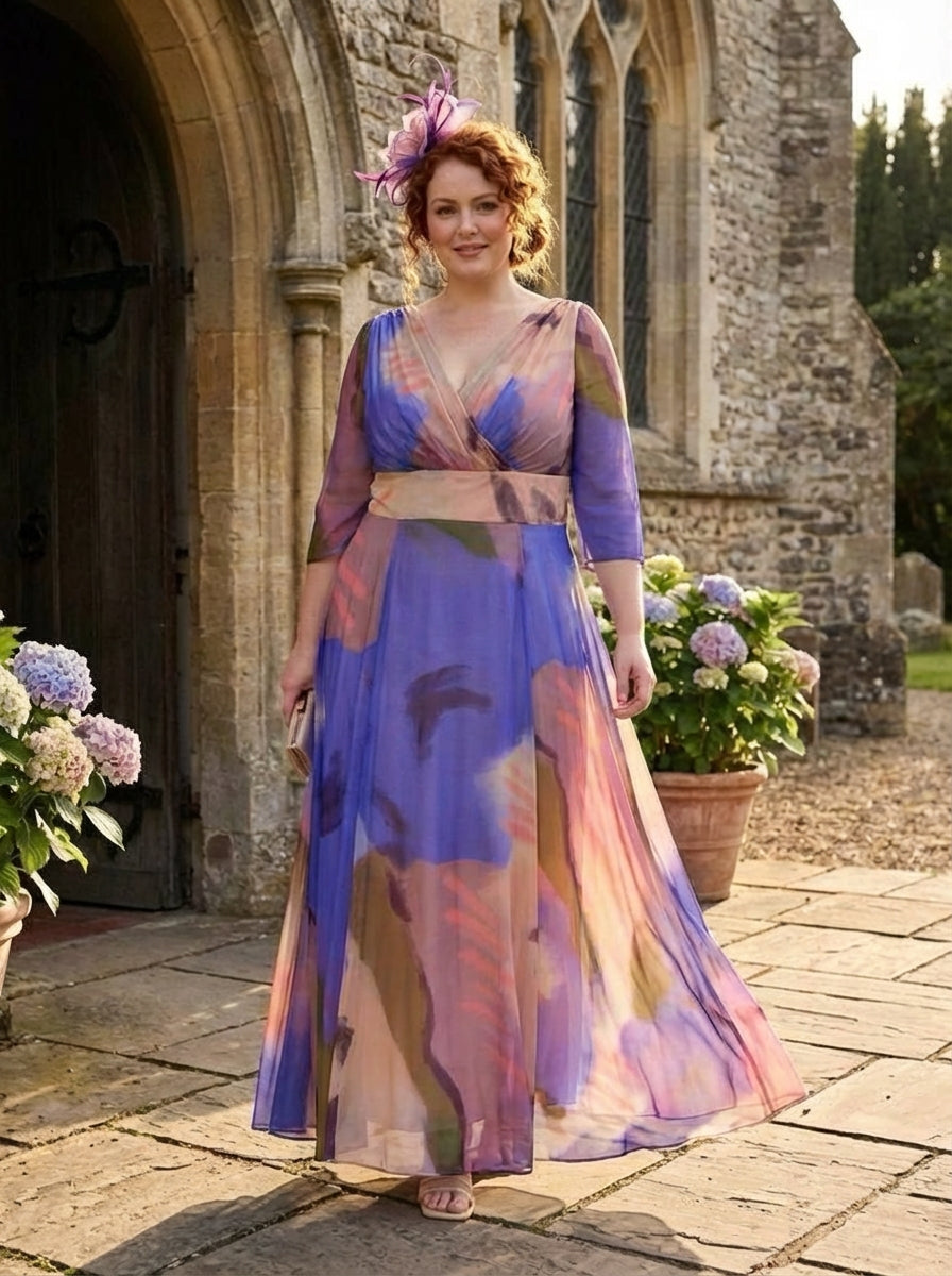 Verity Aqua Blue Peach Print Maxi Gown