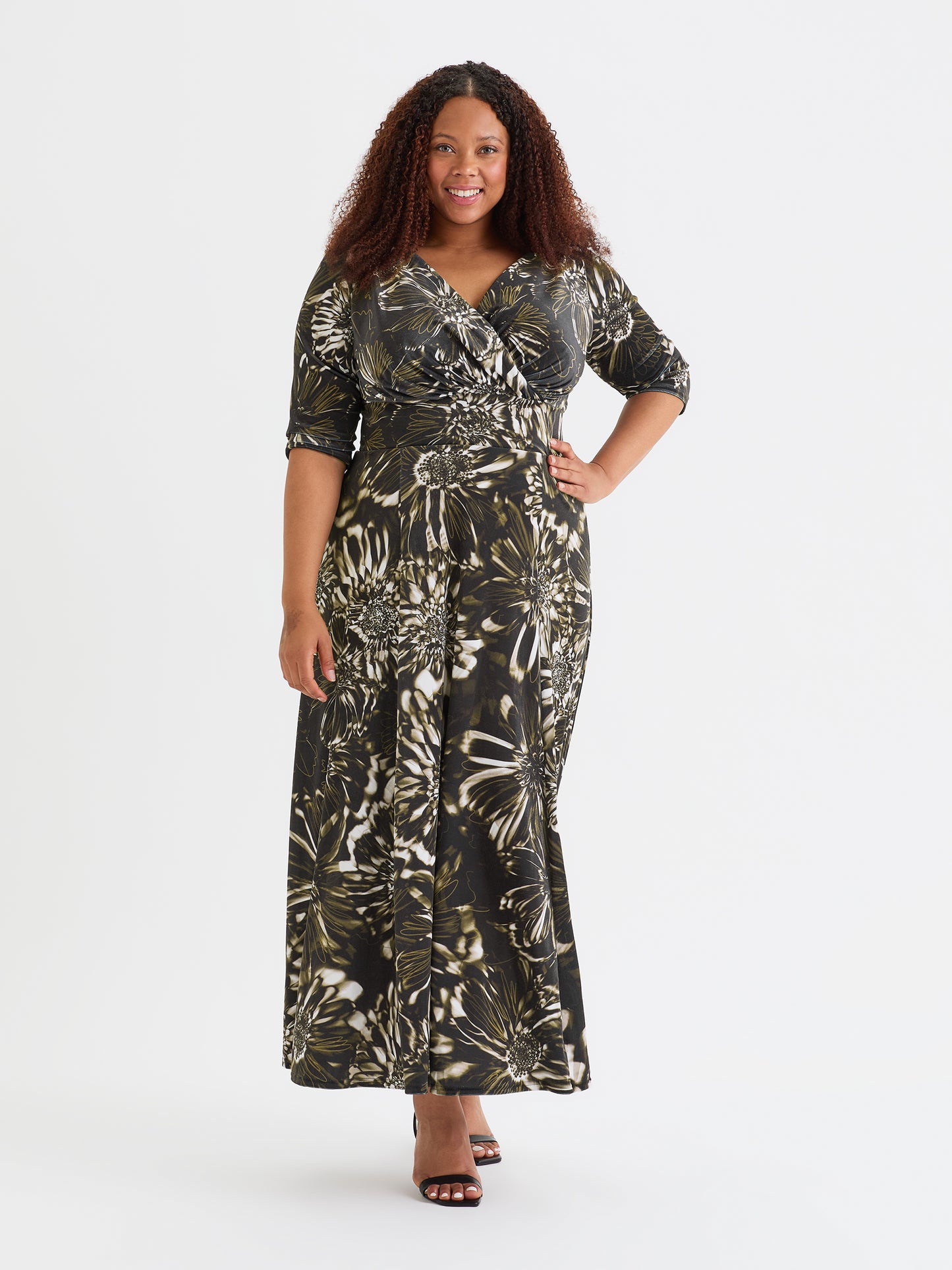 Verity Velvet Gown in Black Cream Gold Baroque Print