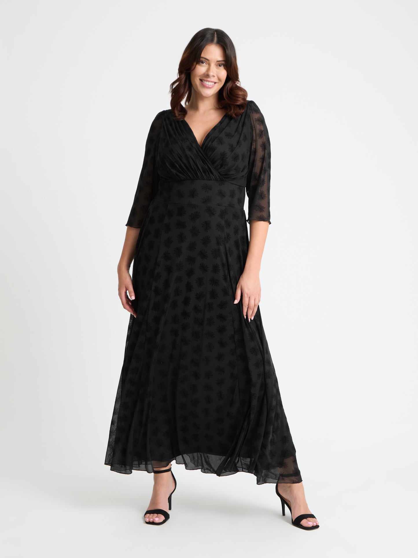 Verity Black Flower Velvet Flock Maxi Gown