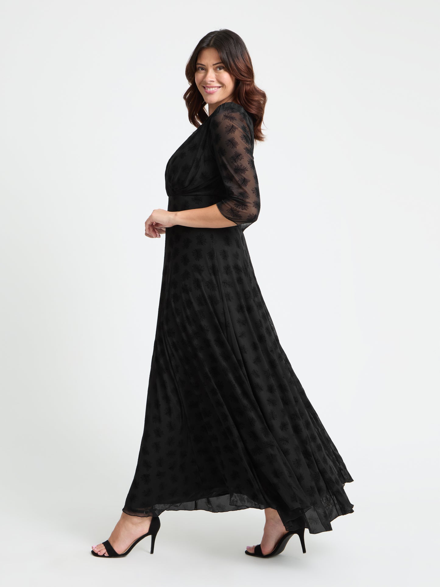 Verity Black Flower Velvet Flock Maxi Gown
