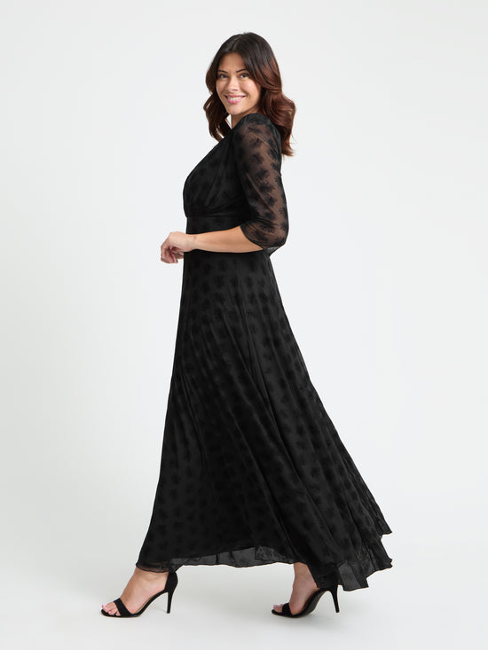 Verity Black Flower Velvet Flock Maxi Gown