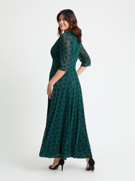 Verity Dark Green Flower Velvet Flock Maxi Gown