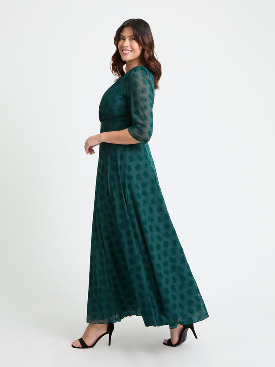 Verity Dark Green Flower Velvet Flock Maxi Gown