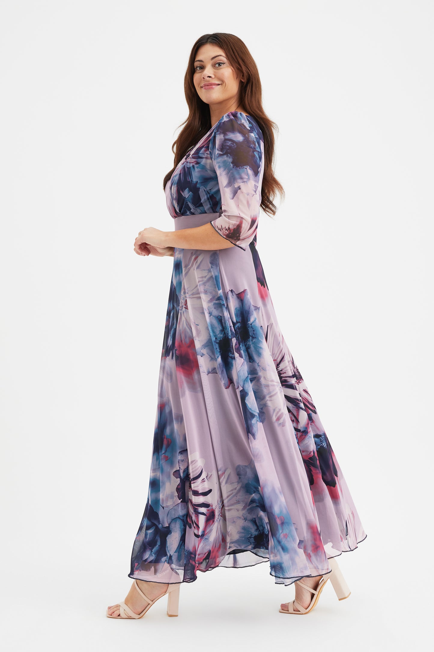 Verity Plus Size Maxi Gown in Elegant Indigo Rose Print