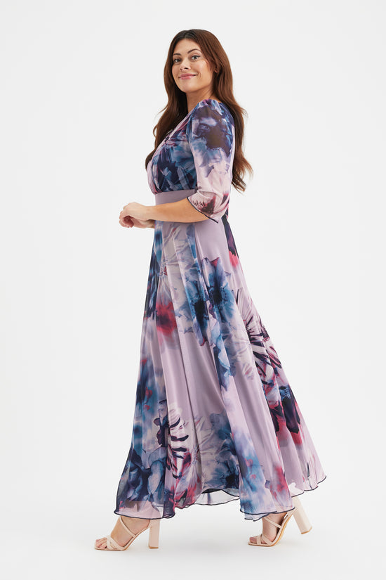 Verity Plus Size Maxi Gown in Elegant Indigo Rose Print