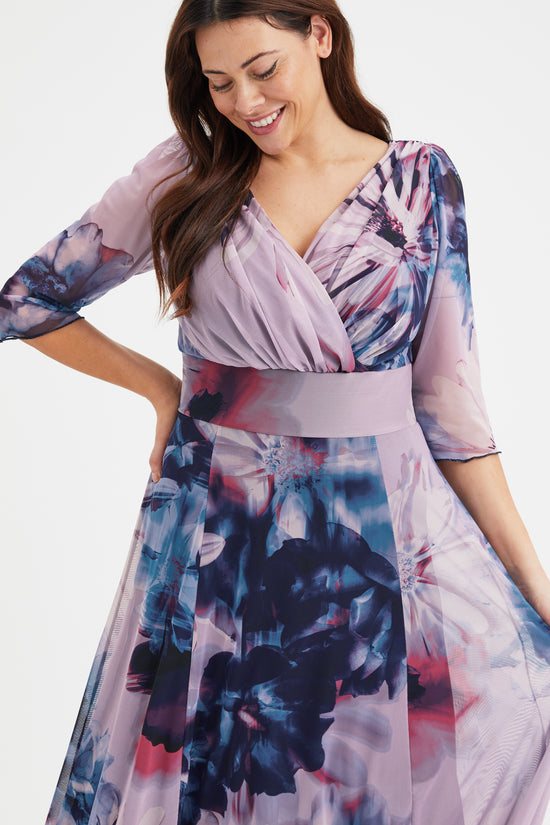 Verity Plus Size Maxi Gown in Elegant Indigo Rose Print