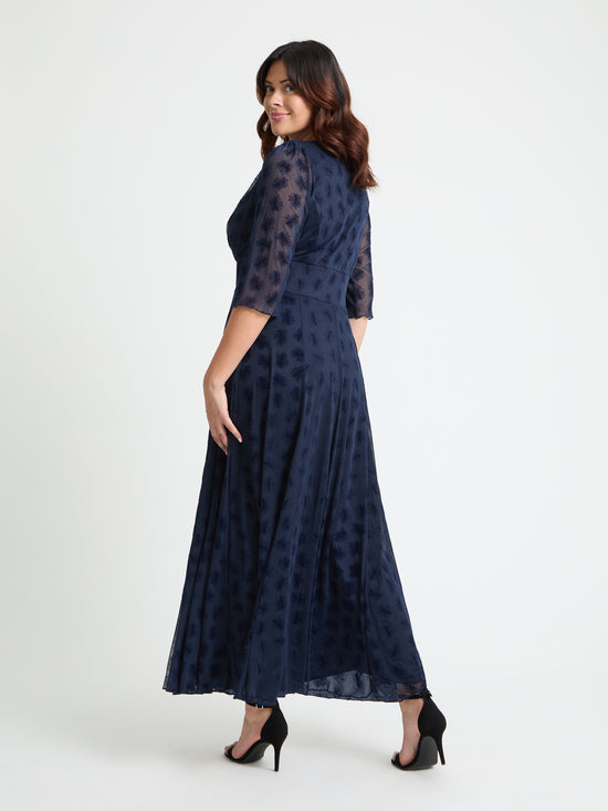 Verity Dark Navy Flower Velvet Flock Maxi Gown