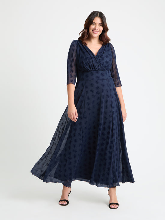 Verity Dark Navy Flower Velvet Flock Maxi Gown