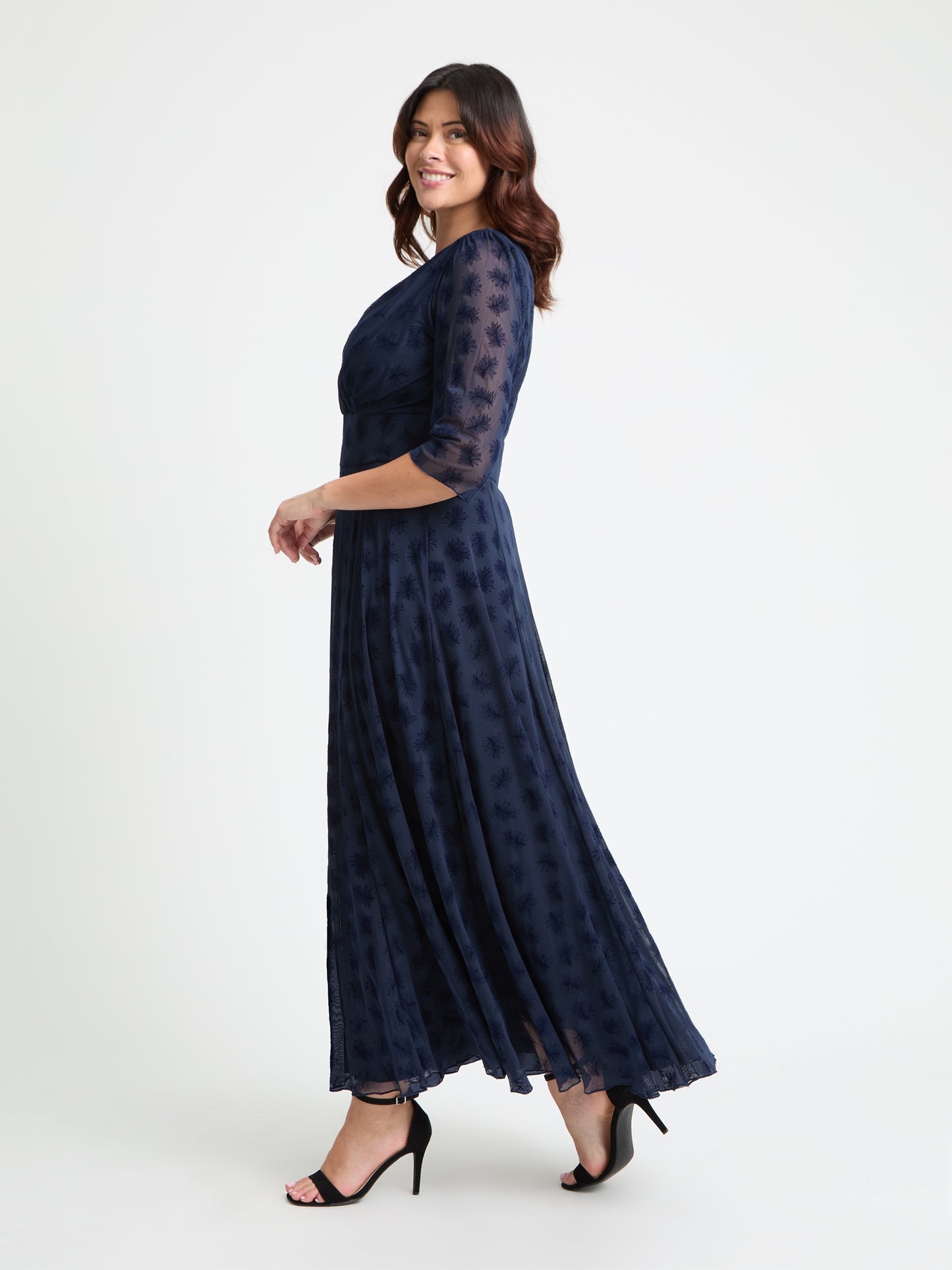 Verity Dark Navy Flower Velvet Flock Maxi Gown