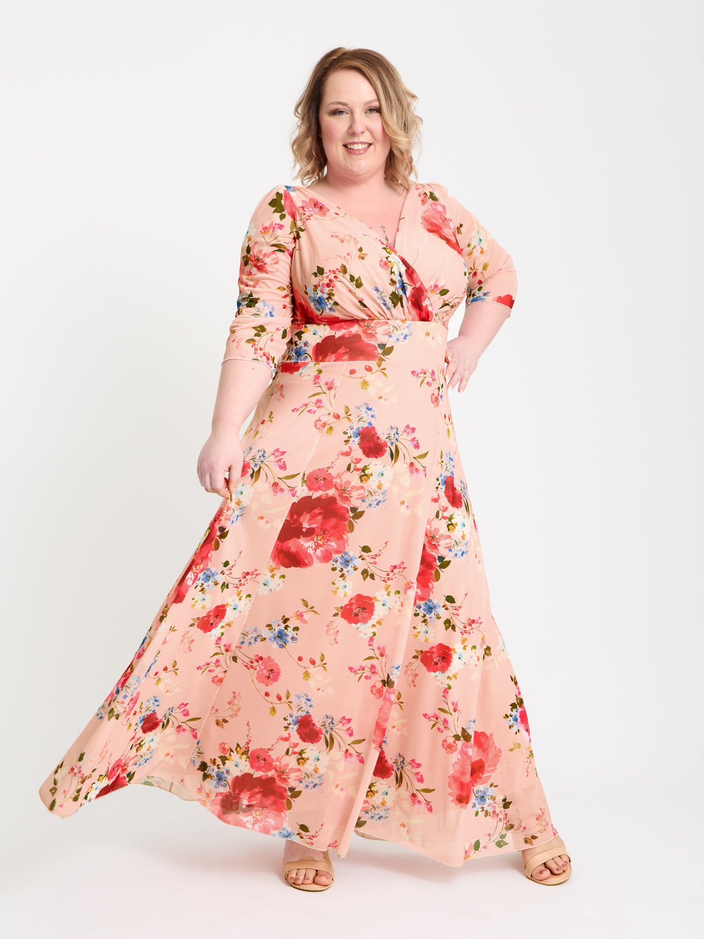 Verity Peach Pink Print Maxi Gown