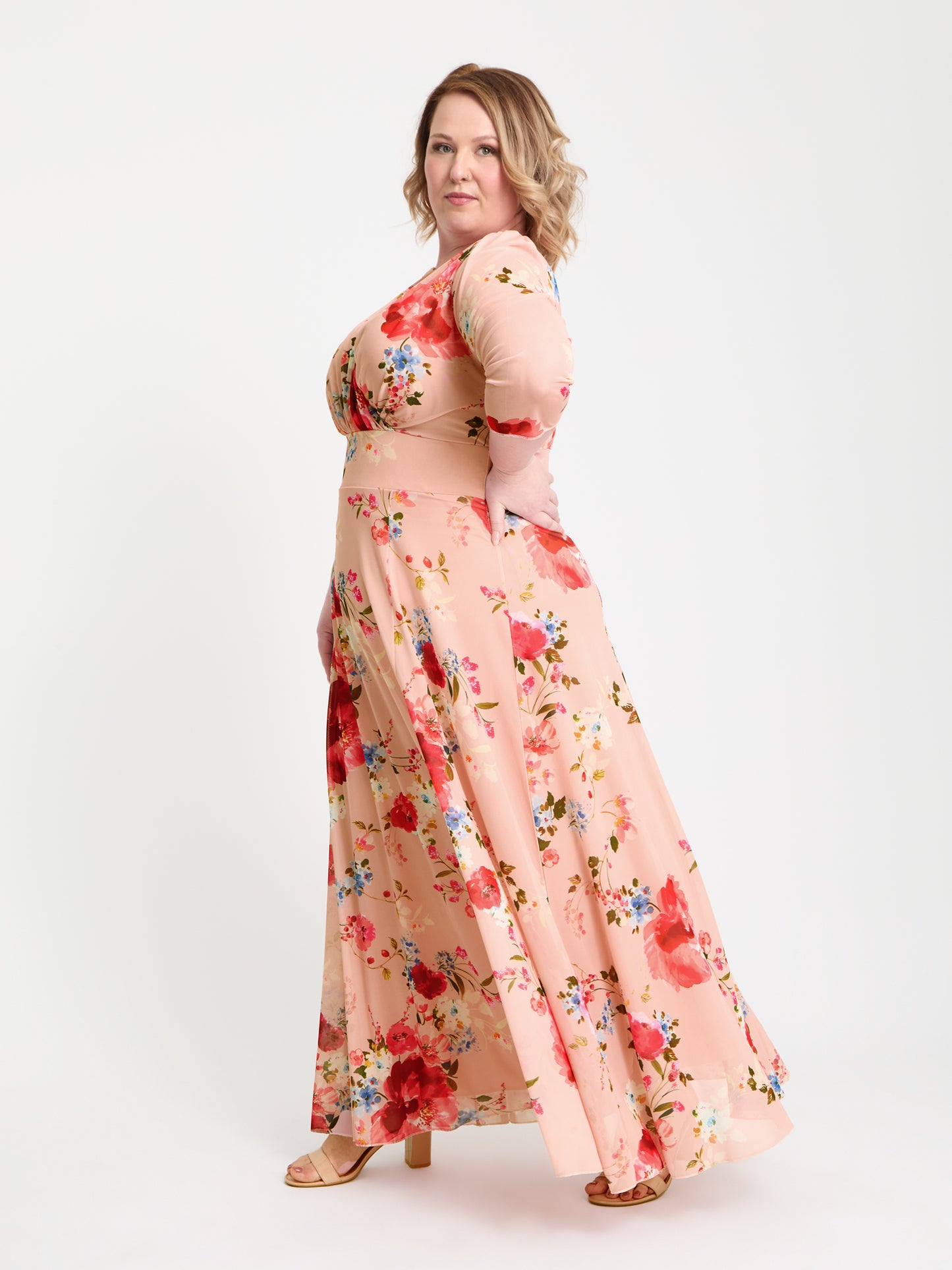 Verity Peach Pink Print Maxi Gown