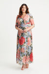 Verity Plus Size Silver & Blue Maxi Gown with Multi Print
