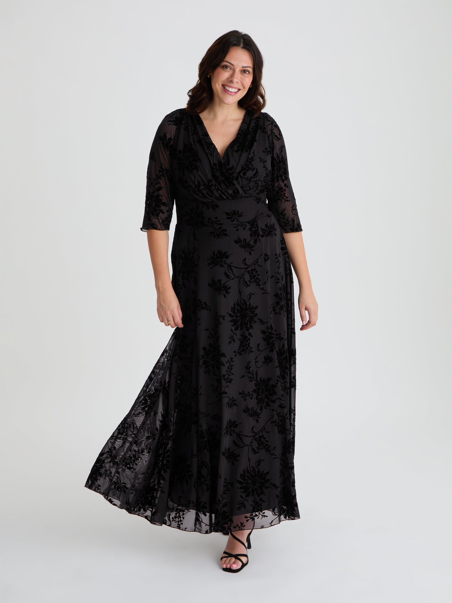 Verity Black Velvet Floral Flock Maxi Gown
