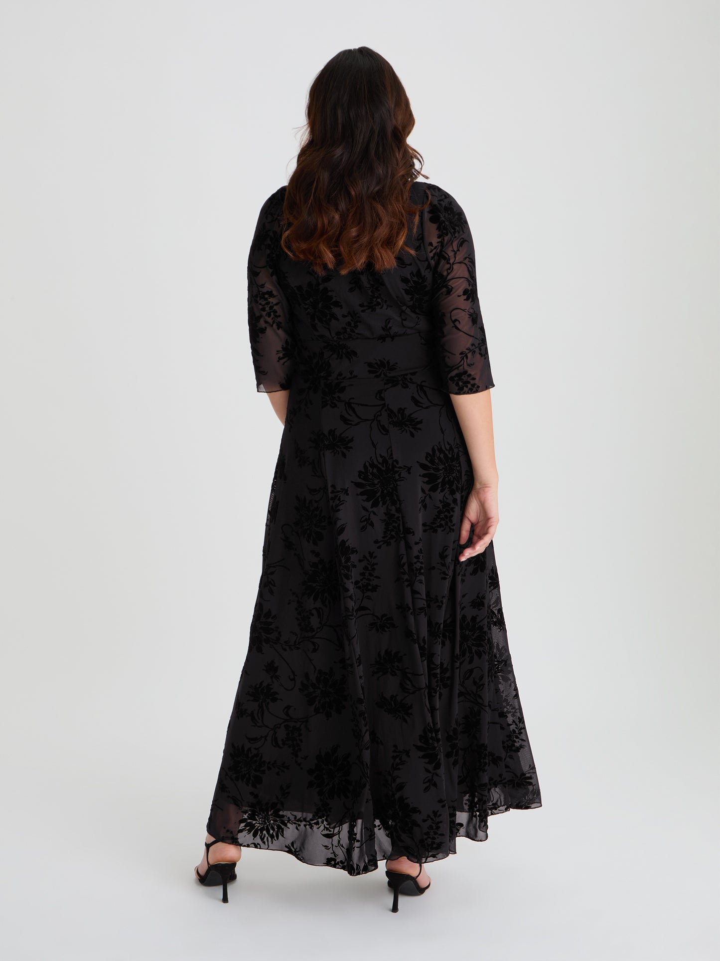 Verity Black Velvet Floral Flock Maxi Gown